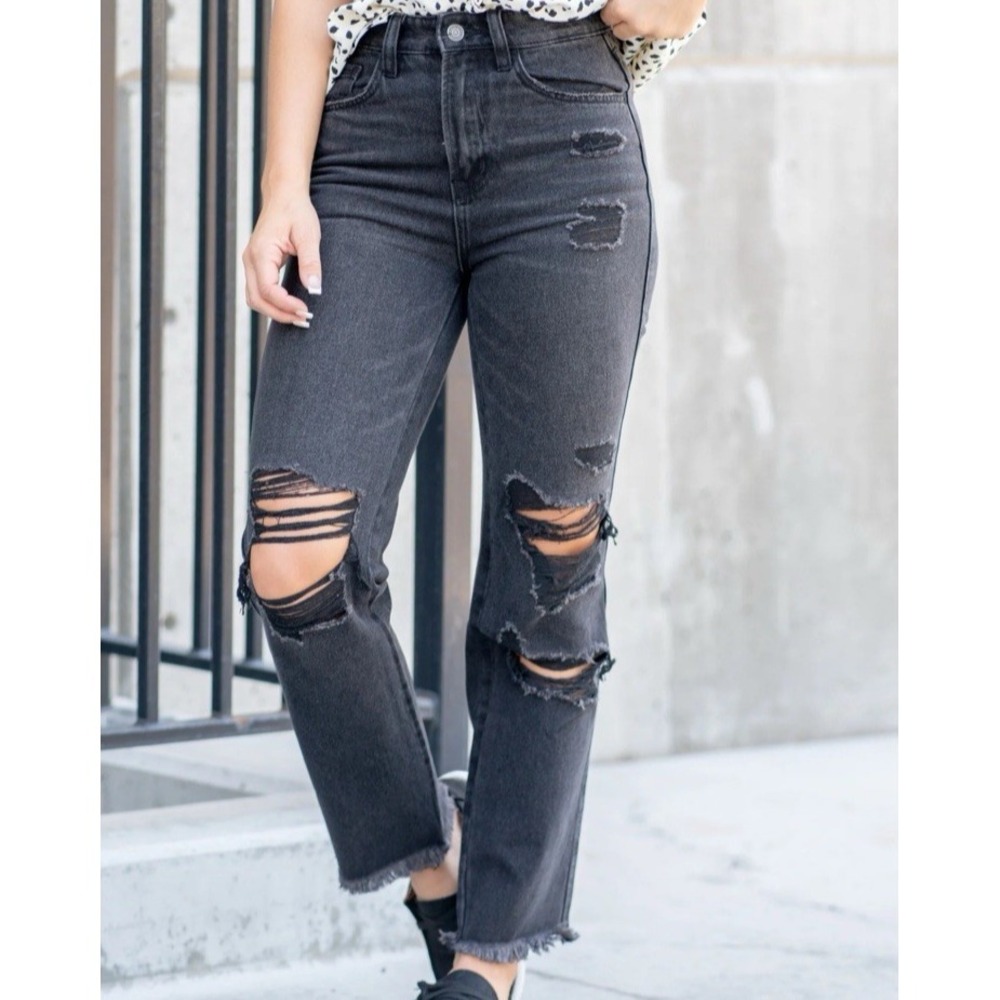 Flying Monkey Jeans Womens 32 Black Super High Rise Straight Distressed Cropped